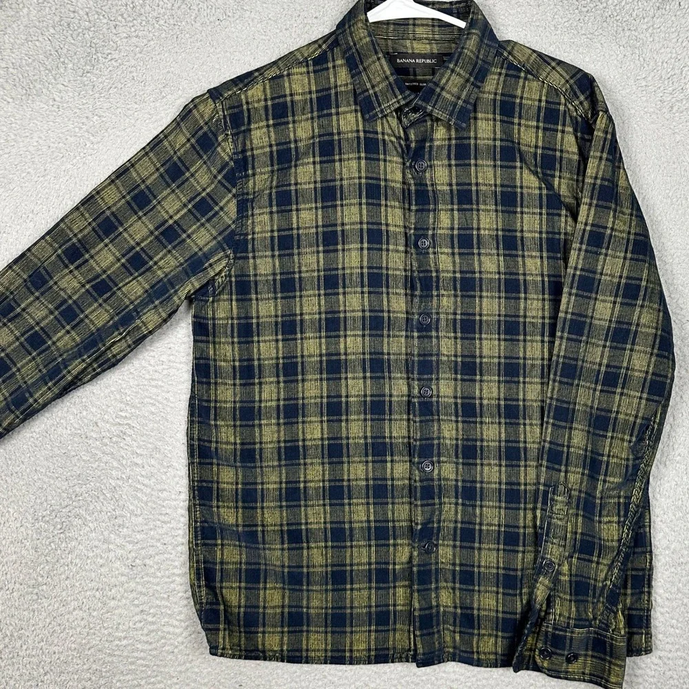 Banana Republic Shirt Mens Medium Untucked Slim Navy Yellow Corduroy Button Up